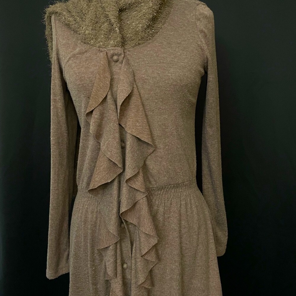 Women’s VINTAGE A'Reve Taupe Long Sleeve Ruffled Dress With Tulle Hem